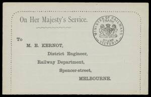 OFFICIAL MAIL - FRANK STAMPS - RAILWAYS, MINISTER OF: Die 1 printed on letter card with pre-printed address of the District Engineer at Melbourne & 'This card may pass through the post from any place within Victoria' on the reverse, printed 'Registration 