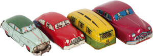 English lithographed tinplate toy cars (2) & Caravan (c1950s); Japanese METTOY CO. clockwork Cadillac. Good condition