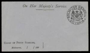 OFFICIAL MAIL - FRANK STAMPS - SOLICITOR-GENERAL: Fine handstamp in blue on 1873 envelope with no imprint to London with superb 'WILLIAMSTOWN/VICTORIA - 11 ' duplex (S&W #E50) and on large 1881 piece identified as from a wrapper (#W10) but we think it's f