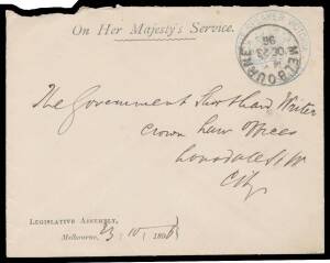OFFICIAL MAIL - FRANK STAMPS - SPEAKER, THE: Handstamp in blue very fine on 1894 opened-out envelope with no imprint & 'THE SPEAKER' crest on the flap x2 sizes (S&W #E10 & 40; the ERD for this frank); very fine on 1896 envelope with 'LEGISLATIVE ASSEMBLY'