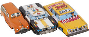 VINTAGE TOY CARS: Nice group of (8) tinplate toy cars with lithographed advertising. Noted Italian "COCA COLA" delivery van; Police cars (2); Yellow Cab; Haji toys ice cream truck.