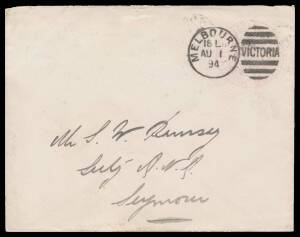 OFFICIAL MAIL - FRANK STAMPS - SPEAKER, THE: Handstamp in rosine very fine but light strike on 1894 envelope with no imprint & 'LEGISLATIVE ASSEMBLY' crest in blue on the flap (#E20; the only recorded example), superb Melbourne duplex of AU1/94 & Seymour 