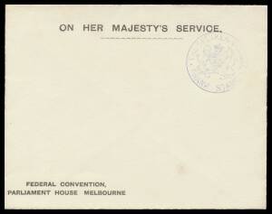 OFFICIAL MAIL - FRANK STAMPS - SPEAKER, THE: Handstamp in blue very fine but light strike on undated envelope with 'FEDERAL CONVENTION/PARLIAMENT HOUSE MELBOURNE' imprint at L/L & 'FEDERAL CONVENTION/[arms]/VICTORIA' crest in grey on the flap (#E60; the o