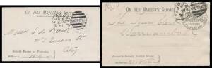 OFFICIAL MAIL - FRANK STAMPS - TRADE & CUSTOMS, COMMISSIONER OF: Die 1 ('OF' below 'RA' of 'TRADE') h/s in blue on envelope with 'MARINE BOARD OF VICTORIA' imprint (S&W #330; only one other recorded) & in violet on postcard with 'HM CUSTOMS/M & HBU Railwa