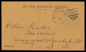 OFFICIAL MAIL - FRANK STAMPS - TRADE & CUSTOMS, COMMISSIONER OF: Die 2 superb strike in violet on 1883 envelope with 'DISTILLERIES AND EXCISE OFFICE/...' imprint at L/L (not in the census; only two others recorded), and light but very fine strike in blue 