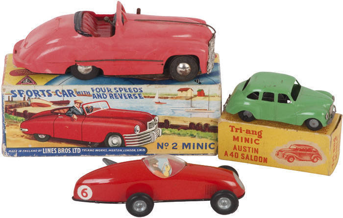 MINIC TRI-ANG TOYS: An impressive range of English made toys including (2) boxed clockwork cars; Racing car with original key; Refuse truck; (2) ambulances & a Minic Transport truck.