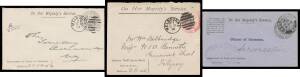 OFFICIAL MAIL - FRANK STAMPS - TRADE & CUSTOMS, DEPARTMENT OF: All-different envelopes with handstamp in violet or rosine x2 (one with 'Victorian Tariff Enquiry Board' imprint S&W #E440; the only recorded example); or printed with imprints including 'COMM