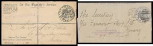 OFFICIAL MAIL - FRANK STAMPS - TREASURER, THE: Die 2 printed in black or blue on all-different envelopes with imprints at L/L including 'CURATOR'S OFFICE/New Zealand Chambers...', 'GOVERNMENT PRINTING OFFICE' (only one other recorded), 'IMPERIAL AND VICTO