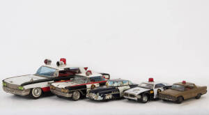 POLICE CARS: Group of tinplate toy Police cars, varying sizes and manufacturers. Noted c1960s Japanese Cadillac (50cm) & Oldsmobile (33cm) Highway patrol car; English made Highway patrol car with lithograph decoration.