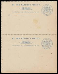 OFFICIAL MAIL - FRANK STAMPS - TREASURER, THE: Die 2 printed in blue on 1870s postcard with 'RECEIPT AND PAY OFFICE' imprint on the reverse (S&W #P20), a joined pair (sensibly reinforced with archival tape), unused. The only such "multiple" recorded for a