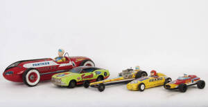 RACING CARS: Collection of vintage tinplate racing cars. Noted BANDAI Ferrari; Lotus F1 cars (2); Battery powered muscle car; Modern Toys "Panther" racing car; Battery powered dragster.