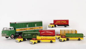 Collection of vintage Japanese tinplate trucks, (6) matching with lithograph advertising (23cm each) & a Japanese Mettoy "Transport Express" battery powered truck. VG condition