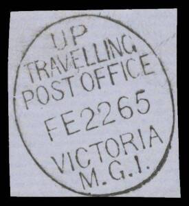 TPOs: MELBOURNE-GEELONG-BALLARAT 1865-1890 - UP TRAIN 1: Type 1 (Large Vertical Oval) superb strike of 'FE2265' on small piece. A highly significant item, being the earliest recorded Victorian TPO marking, from only two days after the service commenced on