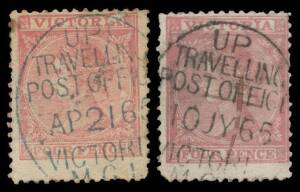 TPOs: MELBOURNE-GEELONG-BALLARAT 1865-1890 - UP TRAIN 1: Type 1 (Large Vertical Oval) very fine large-part strikes of 'AP2165' & '10JY65' both on Laureates 4d. The first is the later of only two recorded examples with MMDDYY configuration of the date slug