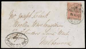 TPOs: MELBOURNE-GEELONG-BALLARAT 1865-1890 - UP TRAIN 1: Type 1 (Large Vertical Oval) very fine cancel of 14AU65 tying Laureates 4d to cover to Melbourne (very fine b/s), very fine 'MORE TO PAY'-in-oval h/s with "1/-" inserted but amended to "6d". Ex Char