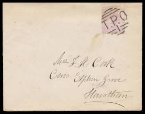 TPOs: MELBOURNE-GEELONG-BALLARAT 1865-1890 - UP TRAIN 1: 'TPO/ 1 ' obliterator superb cancel tying Naish 2d to cover with largely superb Type 3 'UP TRAIN/MG1/ MR25/89/VICTORIA' cds b/s, Melbourne transit & Hawthorn arrival b/s, a little soiled. Most examp