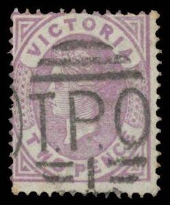 TPOs: MELBOURNE-GEELONG-BALLARAT 1865-1890 - UP TRAIN 1: Type 2 (Duplex) 'TPO/ 1 ' right-hand portion of the duplex superb cancel on Bell 2d. Rated RRRR: only 9 partial strikes on stamps - and no covers - are recorded.