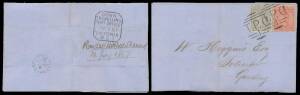 TPOs: MELBOURNE-GEELONG-BALLARAT 1865-1890 - DOWN TRAIN 1: Type 1 (Large Octagon) superb b/s of 24JY67 on outer with Laureates 2d & 4d tied by two superb strikes of the 'TPO/ 1 ' obliterator. Ex Roy Holland: acquired for £252 (one of many bargains in that