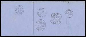 TPOs: MELBOURNE-GEELONG-BALLARAT 1865-1890 - DOWN TRAIN 1: Type 1 (Large Octagon) superb strike of 18DC74 alongside almost as fine a strike of the large oval of the next day on reverse of "turned" Justice of the Peace lettersheet to Lal Lal with 'BUNINYON