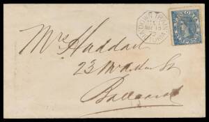 TPOs: MELBOURNE-GEELONG-BALLARAT 1865-1890 - DOWN TRAIN 1: Type 2 (Duplex) largely very fine strike of MR13/72 - 'TPO/ 1 ' a bit indistinct against the blue stamp - tying Laureates 6d to cover with imprint of Terminus Hotel (Geelong) to Ballarat (b/s), pa