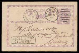 TPOs: MELBOURNE-GEELONG-BALLARAT 1865-1890 - DOWN TRAIN 1: Type 3 (Small Octagon) very fine strike of 'OC8/08' (the year slug '80' inverted) unusually on the face of 1d Postal Card Melbourne-Geelong but with superb 'MISSENT TO/WILLIAMSTOWN' h/s, Geelong a