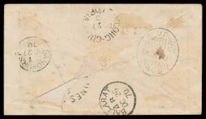 TPOs: MELBOURNE-GEELONG-BALLARAT 1865-1890 - UP TRAIN 2: Type 1 (Large Vertical Oval) light but very fine b/s of DC2670 (LRD, affected by a small stain) on plain cover from the same correspondence with the same markings, soiled & part of the flap missing.