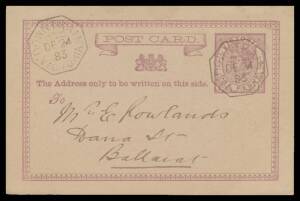 TPOs: MELBOURNE-GEELONG-BALLARAT 1865-1890 - DOWN TRAIN 10: Type 1 (Small Octagon) two light but very fine strikes of DE24/83 (Christmas Eve) on 1d Postal Card from "Barwon Park" to Ballarat. Illustrated at page 48. [Barwon Park is a major rural property 