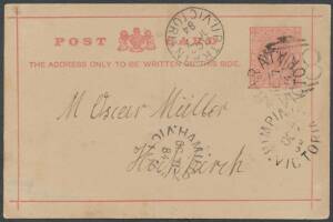 TPOs: BALLARAT-ARARAT-STAWELL 1876-1895 - UP TRAIN 7: Type 1 (CDS) very fine strikes 1) of OC7/84 on face of Postal Card from 'PIMPINIO' (ERD by 16 years!) to Hochkirch (faint b/s, ERD), carried via Horsham to Stawell & by train to Ararat only, then by tr
