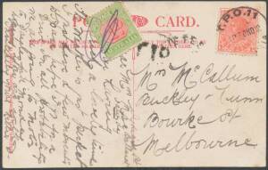 TPOs: MELBOURNE-BALLARAT 1890-1917 - UP TRAIN 11: Type 2 ('TPO 11') large-part strike of 30NO12 on Ballarat PPC from Ballarat to Melbourne unusually with curved 'LATE FEE' h/s & Postage Due 1d manuscript cancelled. [By this date, the late fee was equivale