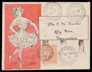 TPOs: MELBOURNE-BALLARAT 1890-1917 - DOWN TRAIN 11: Type 1 (Small Octagon) superb cancel of JA17/05 tying 1d pink to cover with hand-painted illustration of a ballerina, to Serviceton with arrival cds on the face. Delightful. Rated RRRRR, being the later 