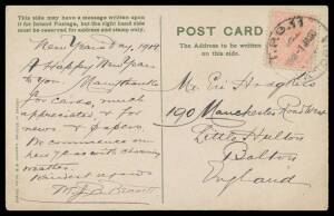 TPOs: MELBOURNE-BALLARAT 1890-1917 - DOWN TRAIN 11: Type 2 ('TPO 11') fine cancel of 1JA08 on 1d pink on PPC to England. Rated RRRRR: the later of only two recorded covers. [This item probably originated at a point between Melbourne & Ballarat and was pro