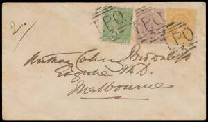 TPOs: MELBOURNE-SANDHURST/BENDIGO 1865-1927 - UP TRAIN 3: Type 1 (Large Vertical Oval) very fine b/s of FE1371 on cover with Laureates 1d & 3d orange + DLR 2d tied by three very fine to superb strikes of the 'TPO/ 3 ' obliterator, Melbourne arrival b/s, l