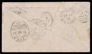 TPOs: MELBOURNE-SANDHURST/BENDIGO 1865-1927 - UP TRAIN 3: Type 1 (Large Vertical Oval) very fine b/s of FE2673 on cover with DLR 2d tied by superb Sandhurst duplex, to Buninyong - 11km S of Ballarat - but missent all the way to Ballarat (part-b/s) where p