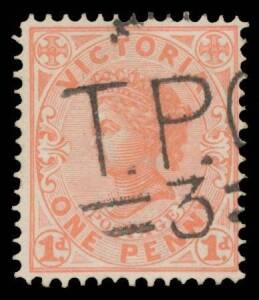 TPOs: MELBOURNE-SANDHURST/BENDIGO 1865-1927 - UP TRAIN 3: 'TPO/ 3 ' obliterator superb large-part strike on V/Crown 1d pink (issued 1902-05). The obliterator was withdrawn from service c.1871. This is the only recorded usage later than February 1871, & it