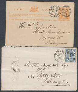 TPOs: MELBOURNE-SANDHURST/BENDIGO 1865-1927 - UP TRAIN 3: Type 2 (Duplex) very fine strike of MR1/81 tying Laureates 6d to cover to Scotland, Melbourne & British 'EDINR & CARLISLE SORTING TENDER/ + ' transit backstamps; and superb strike of AU2/95 on 1d P