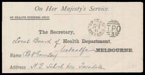 TPOs: MELBOURNE-SANDHURST/BENDIGO 1865-1927 - UP TRAIN 3: Type 2 (duplex) superb strike of JY6/97 on stampless 'ON HEALTH BUSINESS ONLY' lettersheet (advising of a smallpox outbreak), 'KYNETON' transit & light 'METCALFE' arrival b/s. Rated RRR on cover in