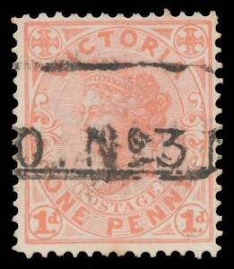 TPOs: MELBOURNE-SANDHURST/BENDIGO 1865-1927 - UP TRAIN 3: Part-strike of the boxed '-----/[P]O No 3' handstamp. Rated RRRR: only three examples on loose stamps, and no covers, recorded. Ex Max Watson. [The illustration at page 120 is a composite. This exa
