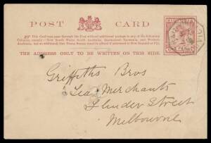 TPOs: MELBOURNE-SANDHURST/BENDIGO 1865-1927 - DOWN TRAIN 3: Type 3 (Small Octagon) largely very fine cancel of MR5/88 on 1d Postal Card with message headed "Baynton", to Melbourne with Castlemaine transit b/s, small defects. Baynton is 20km NE of Kyneton 