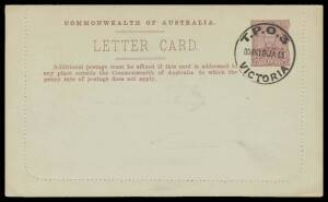 TPOs: MELBOURNE-SANDHURST/BENDIGO 1865-1927 - DOWN TRAIN 3: Type 4 ('TPO 3/VICTORIA' with No Arcs) superb per favor strike of 10JA13 on KGV Fullface 1d Letter Card ("MT LOFTY RANGES/SOUTH AUSTRALIA" - horse & cart - in claret), unsealed. Gorgeous, if phil