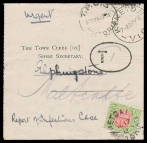 TPOs: MELBOURNE-SANDHURST/BENDIGO 1865-1927 - DOWN TRAIN 3: Type 4 ('TPO 3/VICTORIA' with No Arcs) large-part strike of 16AP12 on face of stampless entire 'REPORT OF CASE OF INFECTIOUS DISEASE' with Kyneton cds & superb 'T ("1d")'-in-val h/s, to "Elphings