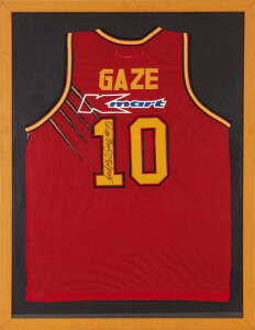 ANDREW GAZE, display with signature on Melbourne Tigers basketball singlet, framed & glazed, overall 75x98cm.