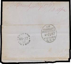 TPOs: MELBOURNE-SANDHURST/BENDIGO 1865-1927 - UP TRAIN 4: Type 1 (Large Vertical Oval) very fine b/s of MY2267 on 'Victoria Police Gazette' wrapper with superb 'CHIEF SECRETARY' Frank h/s in blue & superb Melbourne duplex of MY17/67, to Kyneton but endors