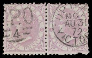 TPOs: MELBOURNE-SANDHURST/BENDIGO 1865-1927 - UP TRAIN 4: Type 2 (Duplex) very fine part-strike of AU31/72 & another of the '[T]PO/ 4 ' portion on De La Rue 2d pair (one damaged). Rated RRRRR with only a few part-strikes, and no covers, recorded. This is 