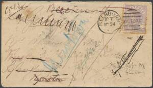 TPOs: MELBOURNE-SANDHURST/BENDIGO 1865-1927 - UP TRAIN 4: Type 3 (CDS with 'GM4' Error) fine b/s of MY27/80 on cover from Melbourne to "Newtown", sent first to Newtown Scarsdale (SW of Ballarat), then to Newtown Geelong, then to Beechworth, Maryborough, K
