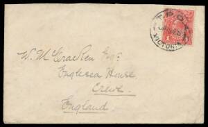 TPOs: MELBOURNE-SANDHURST/BENDIGO 1865-1927 - UP TRAIN 4: Type 6 ('TPO 4') largely very fine strike of 15JE15 tying KGV 1d red to cover to England, 'CREWE' arrival b/s, minor blemishes. Rated RRRRR, being the earlier of only two recorded examples on cover