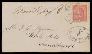 TPOs: MELBOURNE-SANDHURST/BENDIGO 1865-1927 - DOWN TRAIN 4: Type 1 (Large Octagon) largely very fine strike of JA1666 tying Laureates 4d to cover front to White Hills, endorsed "More to pay 8d" & with very fine '("8d")/MORE TO PAY'-in-oval handstamp. Rate