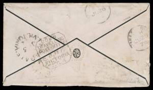 TPOs: MELBOURNE-SANDHURST/BENDIGO 1865-1927 - DOWN TRAIN 4: Type 1 (Large Octagon) largely very fine b/s of 3JY72 (LRD) on mourning cover from Scotland with Plate 5 1/- green, to "Scots Church/Melbourne" forwarded to 'TARADALE' (b/s) with De La Rue 2d x2 