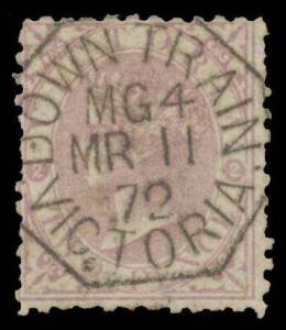 TPOs: MELBOURNE-SANDHURST/BENDIGO 1865-1927 - DOWN TRAIN 4: Type 2 (Duplex) superb strike of MR11/72 of the datehead only on De La Rue 2d. Rated RRRRR, being the only recorded strike of the datehead. Only one example of the 'TPO/ 4 ' portion has also been