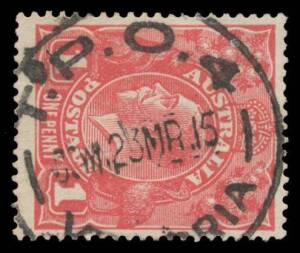 TPOs: MELBOURNE-SANDHURST/BENDIGO 1865-1927 - DOWN TRAIN 4: Type 5 ('TPO 4') superb large-part strike of 23MR15 on KGV 1d red. Rated RRRR on stamp, with only seven examples - & no covers - recorded.