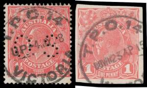 TPOs: MELBOURNE-SANDHURST/BENDIGO 1865-1927 - UP TRAIN 14: Type 1 ('TPO 14') superb large-part strike of 4MY28 on KGV 1½d red. Rated RRR on stamp, with only ten examples - & no covers - recorded. [TPO 14 was added to the Bendigo Line in 1883 - see Molnar 